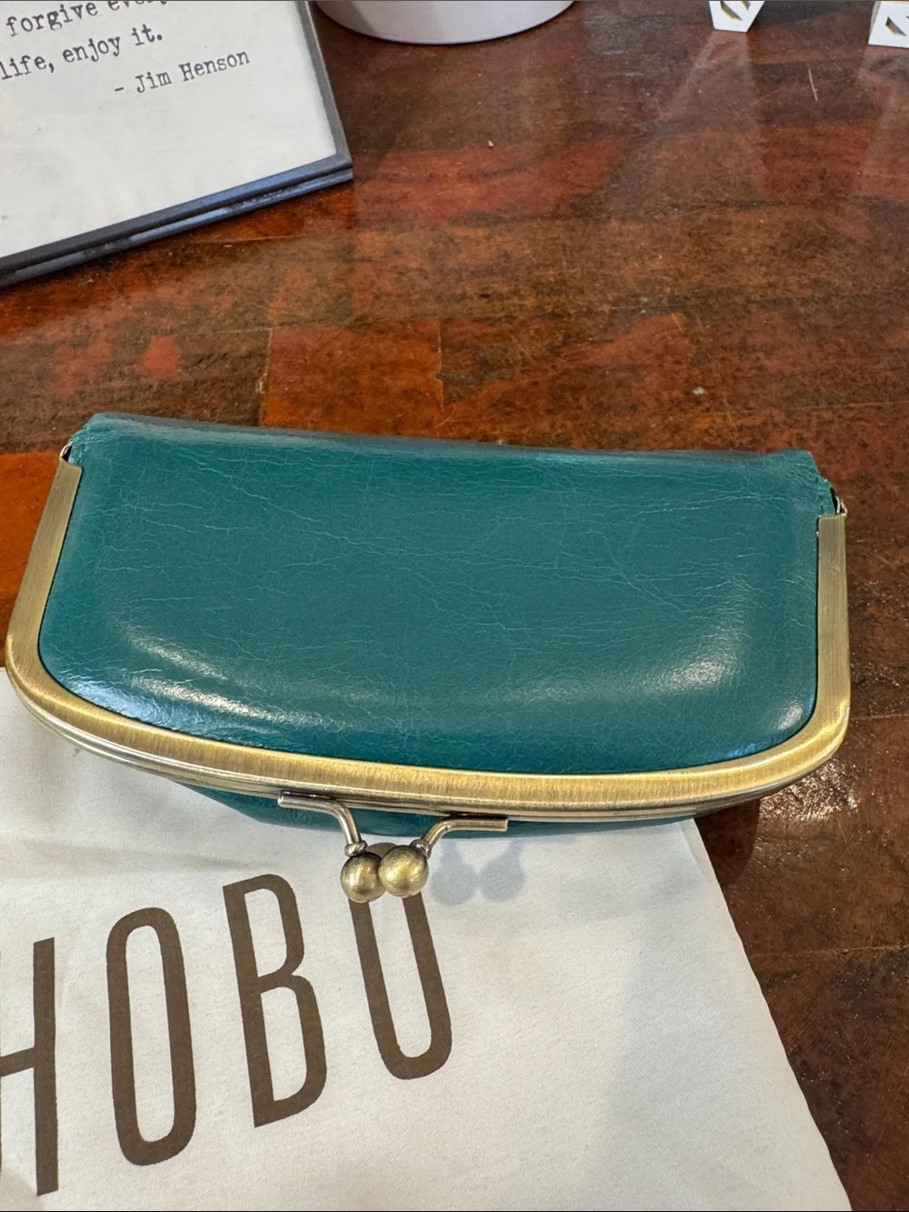 HOBO Teal Kiss-Lock Leather Clutch with Gold-Tone Frame